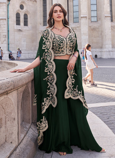 Green Sequence Embroidered Cape Style Palazzo Suit
