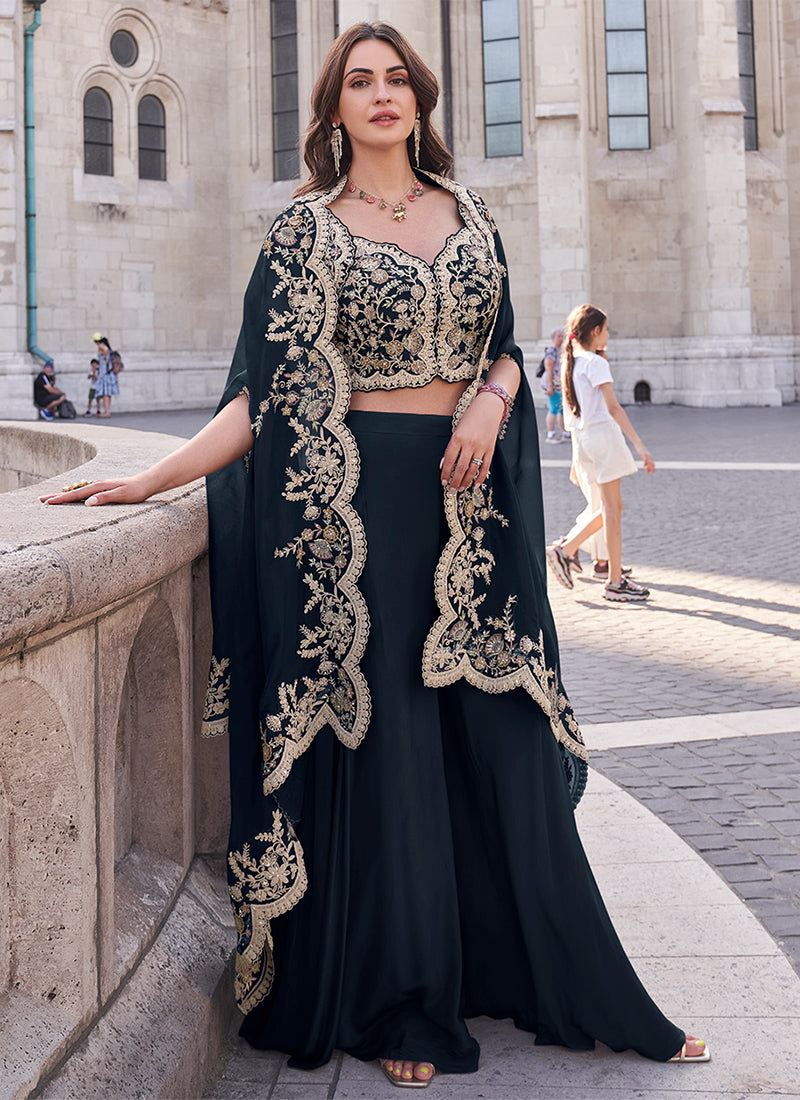 Blue Sequence Embroidered Cape Style Palazzo Suit
