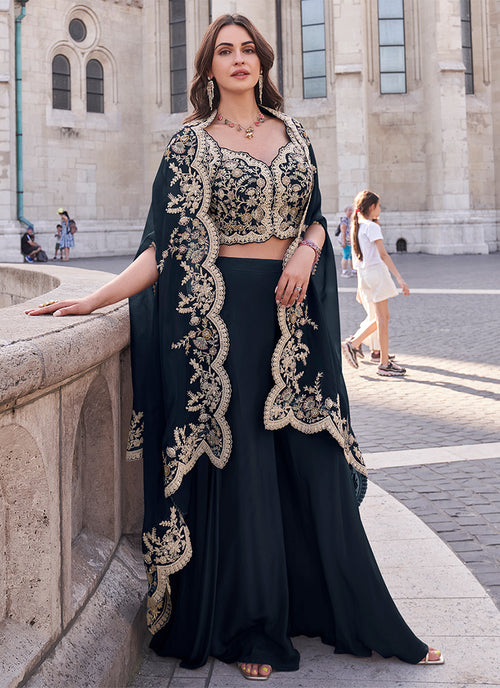 Blue Sequence Embroidered Cape Style Palazzo Suit