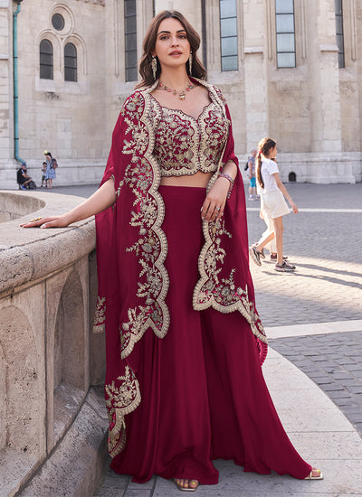 Rani Pink Sequence Embroidered Cape Style Palazzo Suit