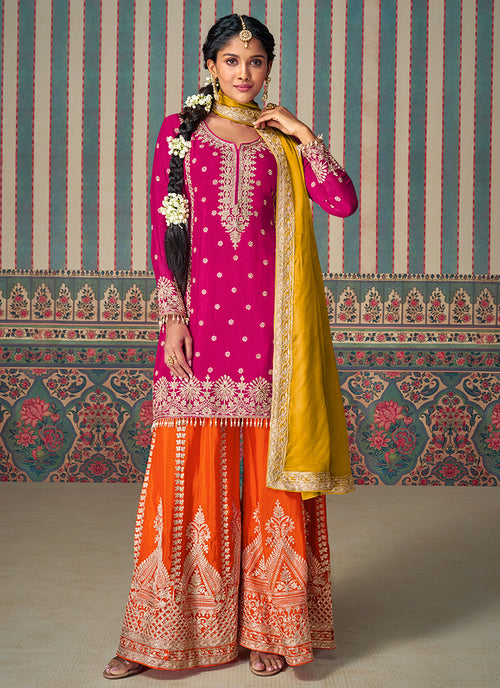 Pink And Yellow Traditional Embroidery Palazzo Suit