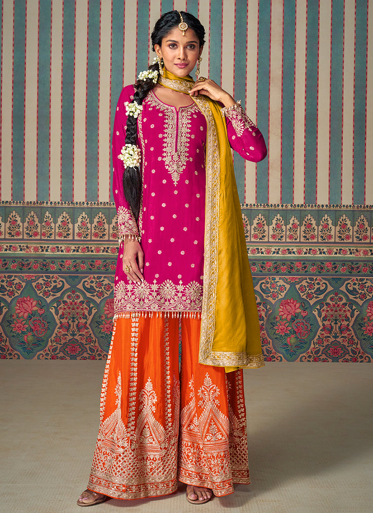 Pink And Yellow Traditional Embroidery Palazzo Suit