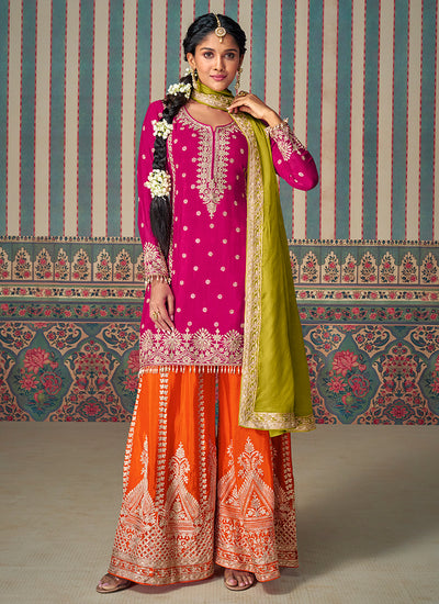 Pink And Green Traditional Embroidery Palazzo Suit