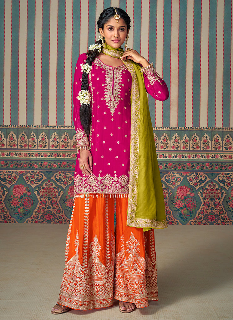 Pink And Green Traditional Embroidery Palazzo Suit