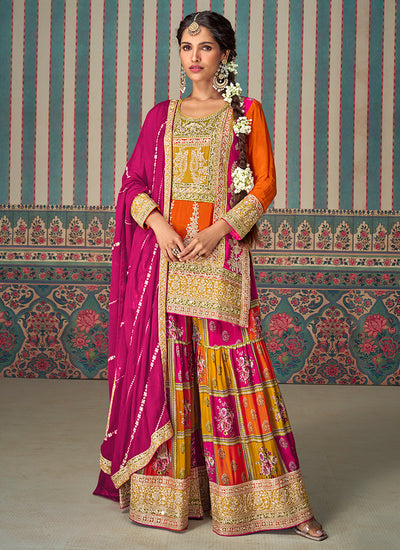 Orange Multicolored Traditional Embroidery Palazzo Suit