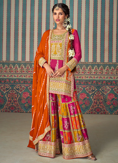 Pink Multicolored Traditional Embroidery Palazzo Suit