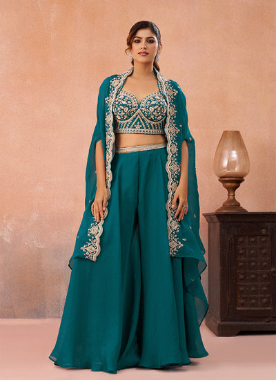 Teal Embroidered Cape Style Palazzo Suit