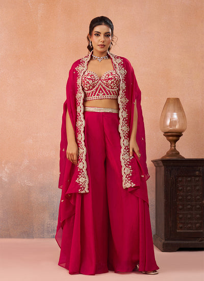 Rani Pink Embroidered Cape Style Palazzo Suit