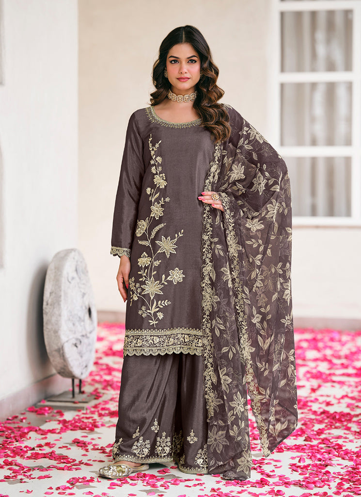 Taupe Brown Embroidery Chinnon Silk Palazzo Suit