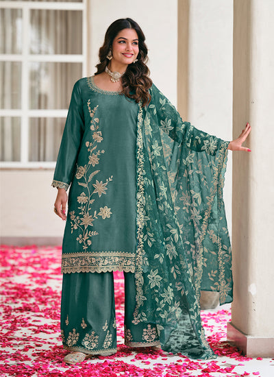 Teal Green Embroidery Chinnon Silk Palazzo Suit