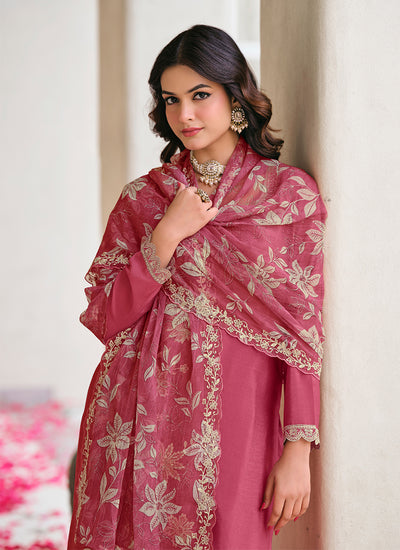 Rose Pink Embroidery Chinnon Silk Palazzo Suit