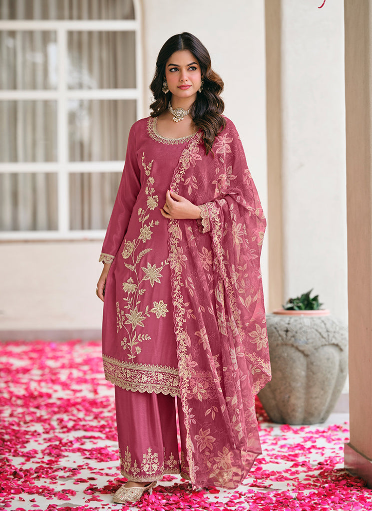Rose Pink Embroidery Chinnon Silk Palazzo Suit