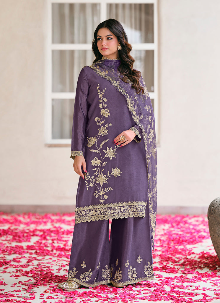 Purple Embroidery Chinnon Silk Palazzo Suit