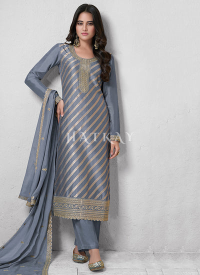 Slate Blue Embroidered Palazzo Style Suit