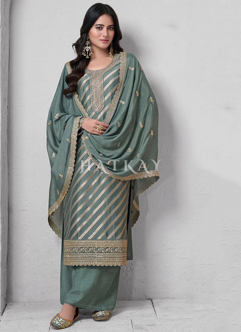 Sage Green Embroidered Palazzo Style Suit