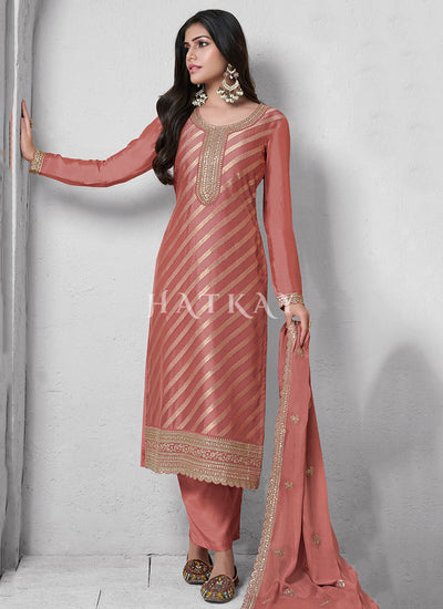 Peach Embroidered Palazzo Style Suit