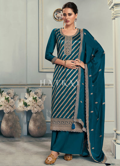 Teal Blue Embroidered Palazzo Suit