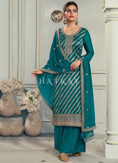 Turquoise Embroidered Palazzo Suit