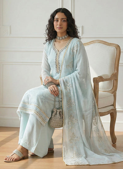 Pastel Blue Sequins Embroidery Palazzo Style Suit