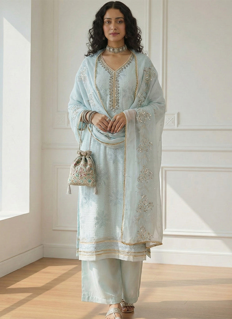 Pastel Blue Sequins Embroidery Palazzo Style Suit