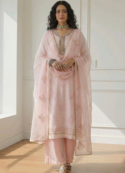 Pink Sequins Embroidery Palazzo Style Suit