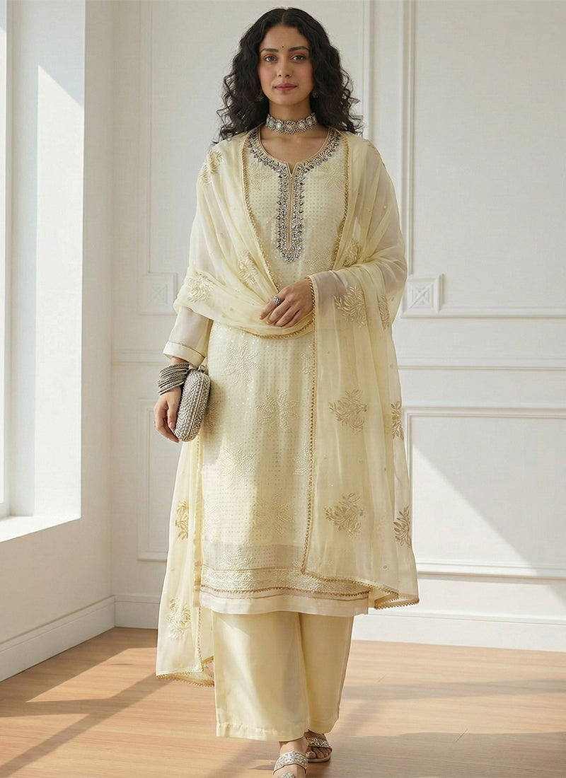 Butter Yellow Sequins Embroidery Palazzo Style Suit