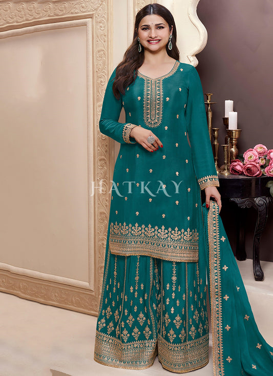 Turquoise Embroidered Palazzo Suit