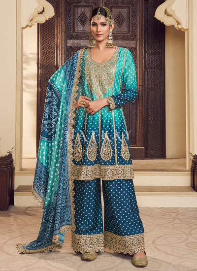 Turquoise Blue Ombré Silk Palazzo Suit