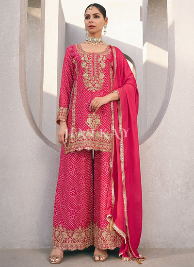 Hot Pink Embroidered Designer Printed Palazzo Suit