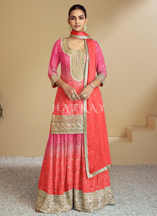 Pink Orange Ombré Designer Kurti And Palazzo