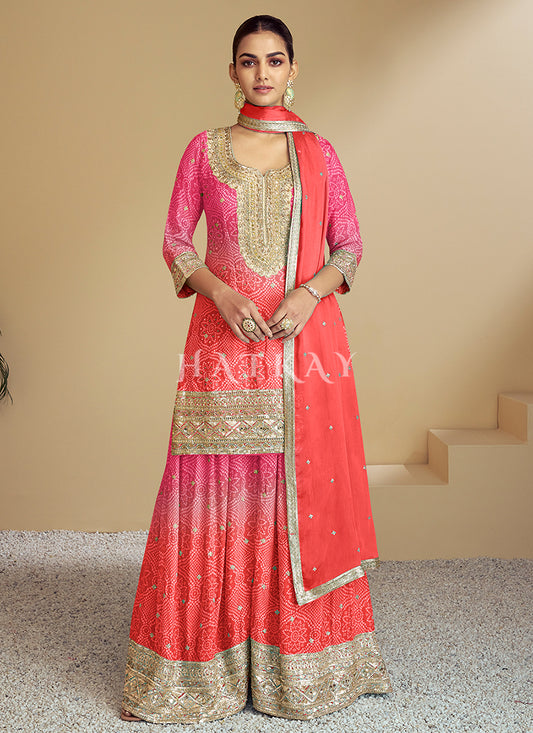 Pink Orange Ombré Designer Kurti And Palazzo