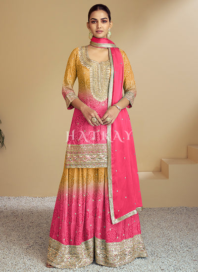 Pink Yellow Ombré Designer Kurti And Palazzo