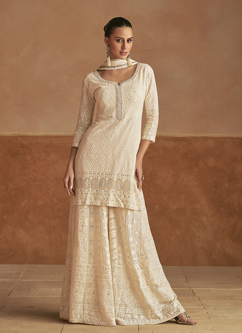 Off White Chikankari Style Palazzo Suit