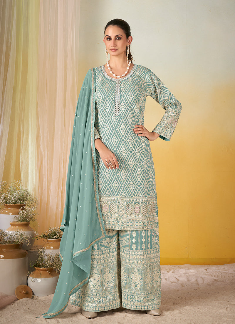 Aqua Blue Chikankari Style Palazzo Suit