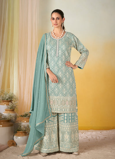 Aqua Blue Chikankari Style Palazzo Suit