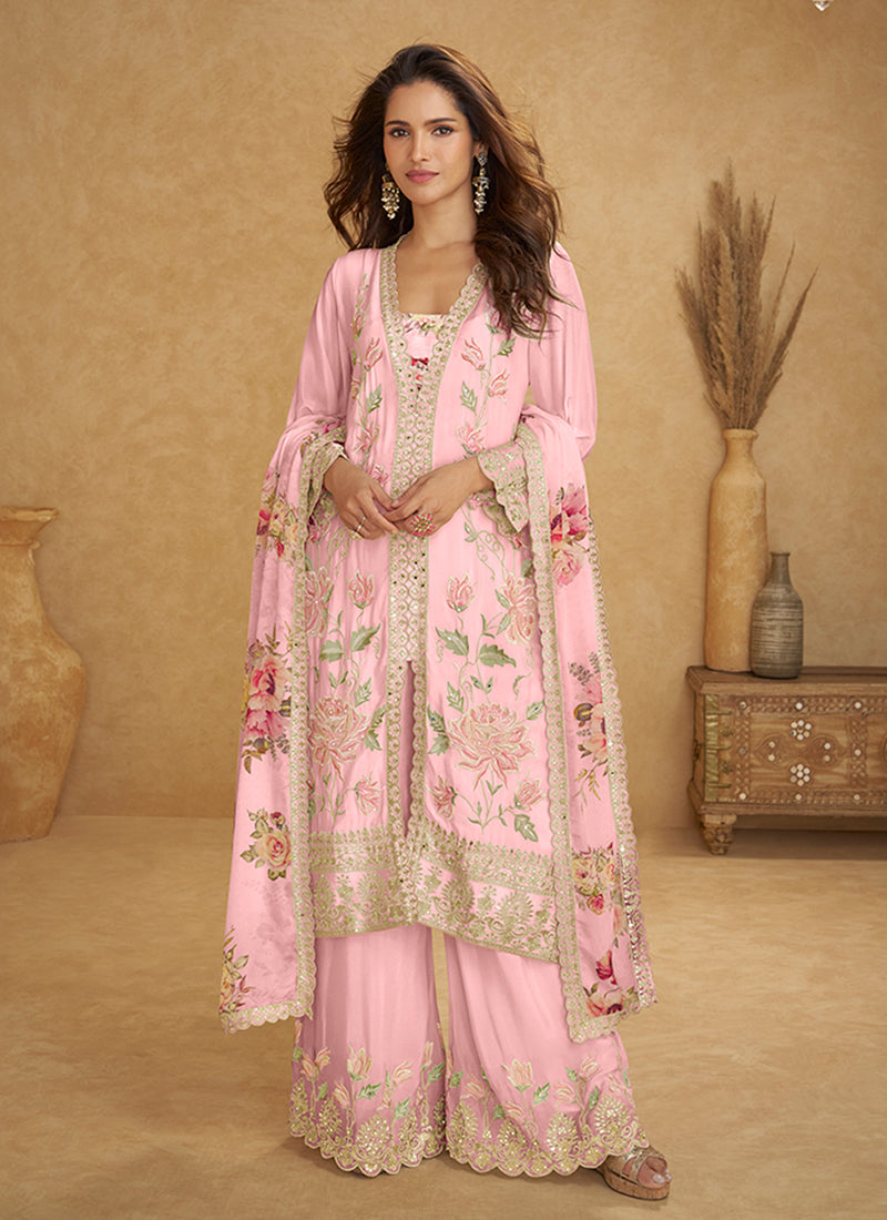 Pink Floral Embroidery Traditional Palazzo Suit