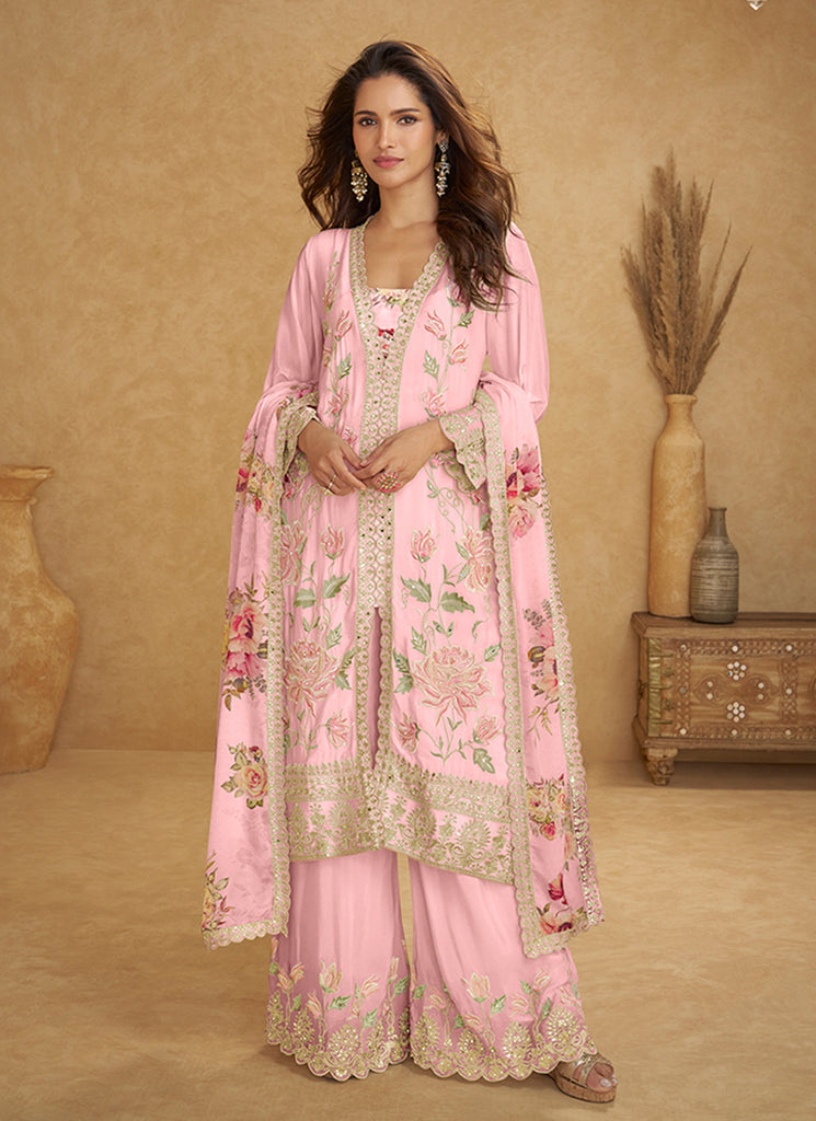 Pink Floral Embroidery Traditional Palazzo Suit