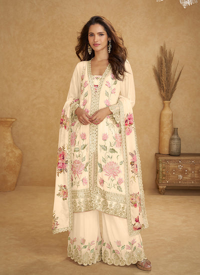 Cream Floral Embroidery Traditional Palazzo Suit