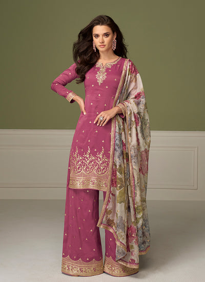 Rose Pink Embroidered Festive Wear Palazzo Suit