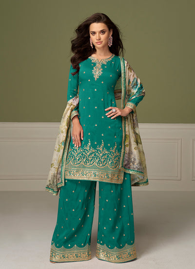 Turquoise Embroidered Festive Wear Palazzo Suit