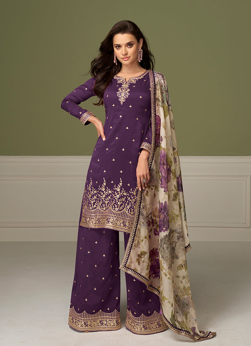 Royal Purple Embroidered Festive Wear Palazzo Suit