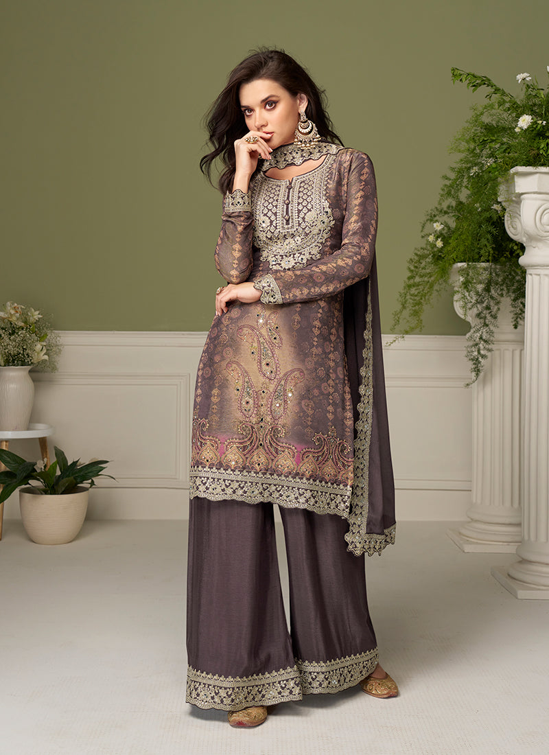 Dusty Purple Embroidered Chinnon Silk Palazzo Suit