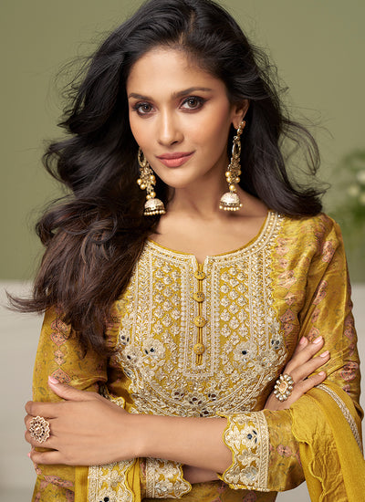 Yellow Embroidered Silk Palazzo Suit