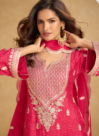 Magenta Pink Embroidery Palazzo Suit