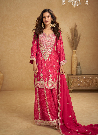 Magenta Pink Embroidery Palazzo Suit