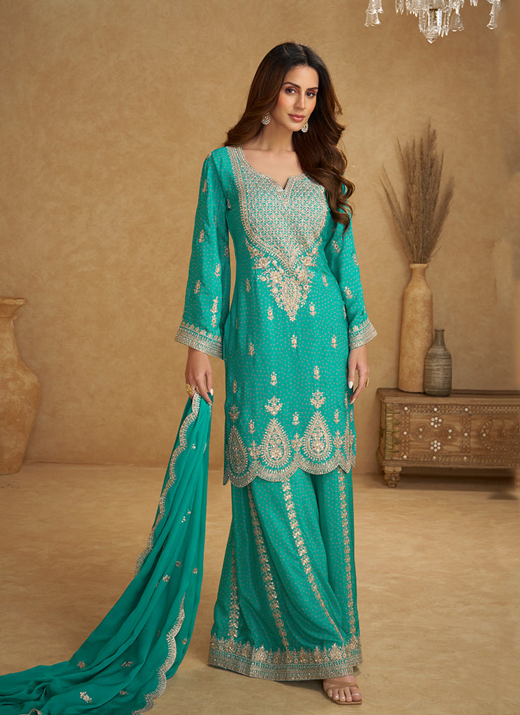 Turquoise Embroidery Palazzo Suit