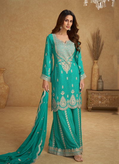 Turquoise Embroidery Palazzo Suit