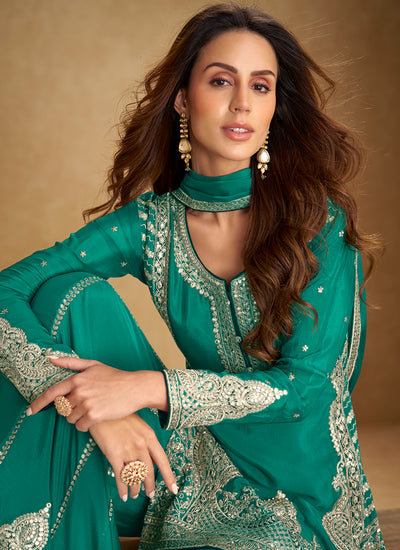 Turquoise Embroidered Party Wear Palazzo Suit