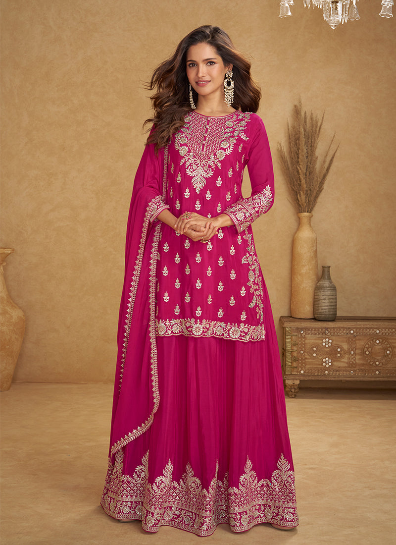 Magenta Embroidered Party Wear Palazzo Suit