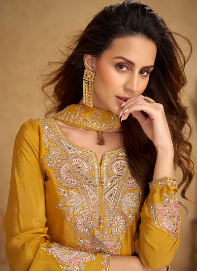 Yellow Embroidery Party Wear Palazzo Suit